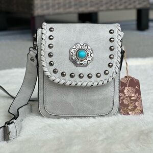 Sam & Hadley Gray Western Crossbody Bag with Turquoise Concho & Studs NWT